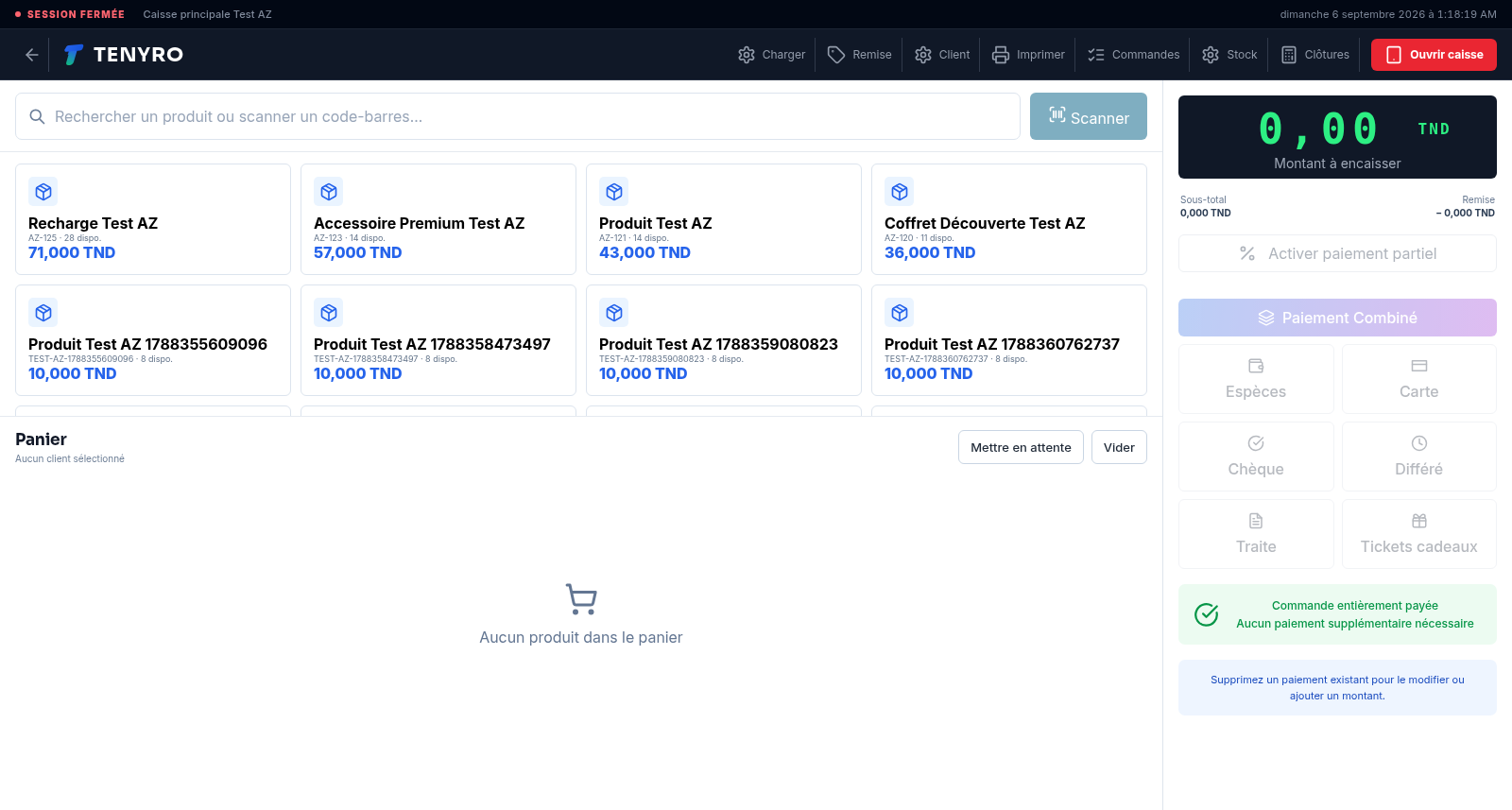 Interface réelle du point de vente TENYRO avec catalogue, panier et moyens de paiement