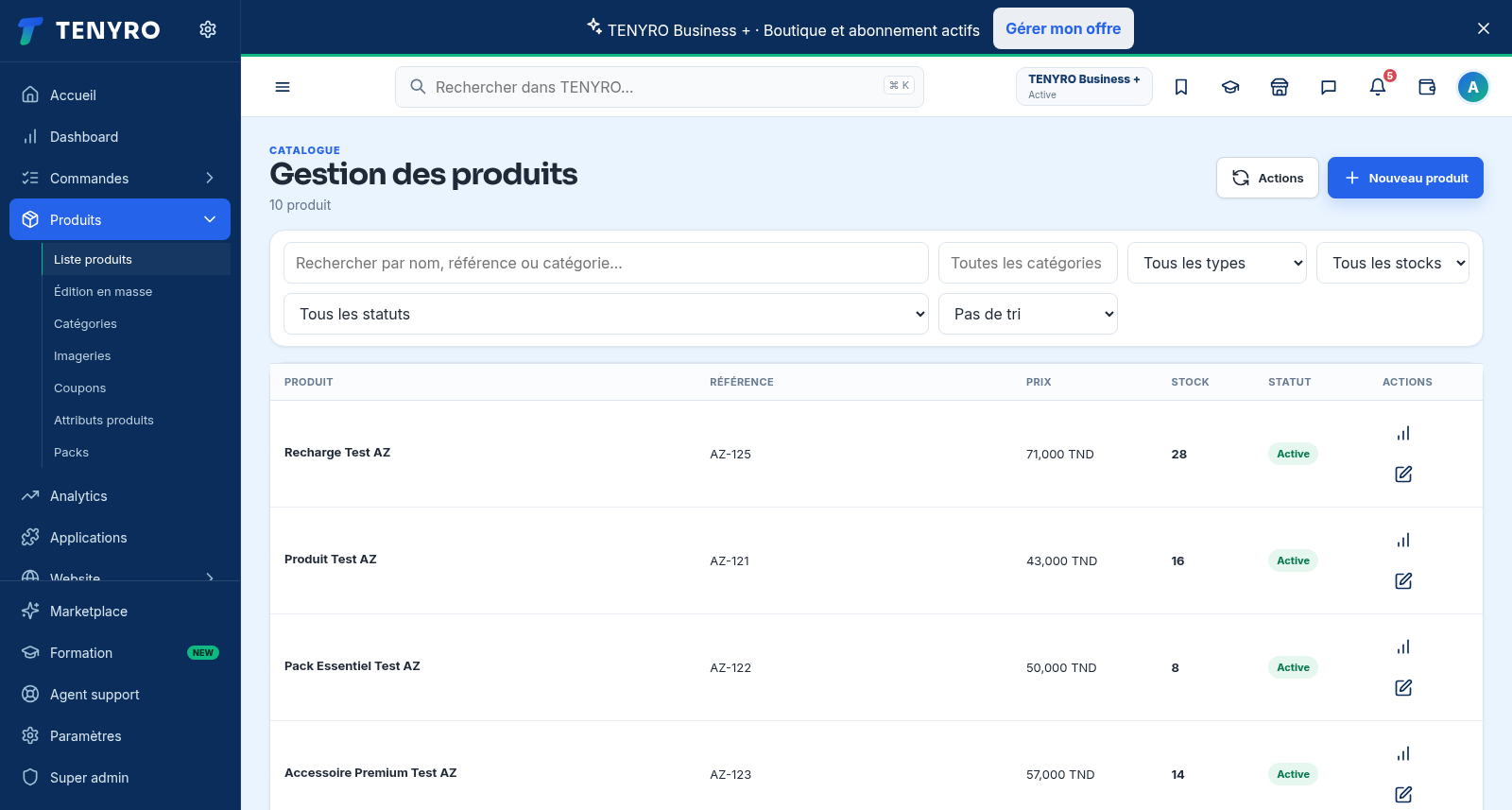 Catalogue produits réel TENYRO