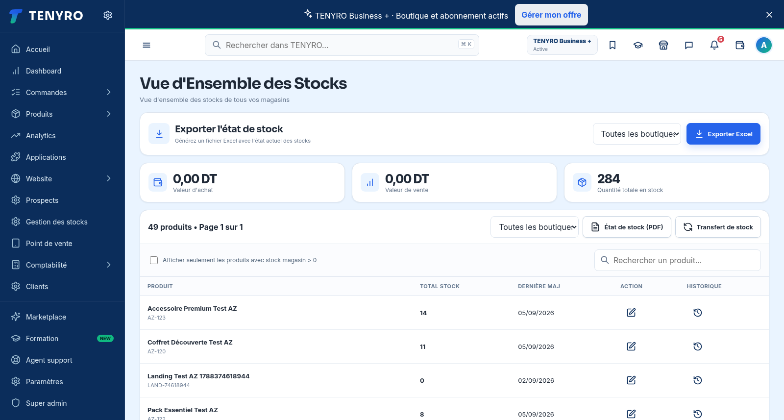 Vue des stocks réelle TENYRO